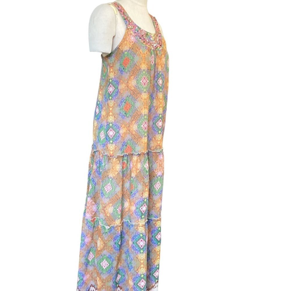 ANGIE Maxi Sleeveless Maxi Dress Beads Sequins Embroidery‎ Mixed Print M 148J